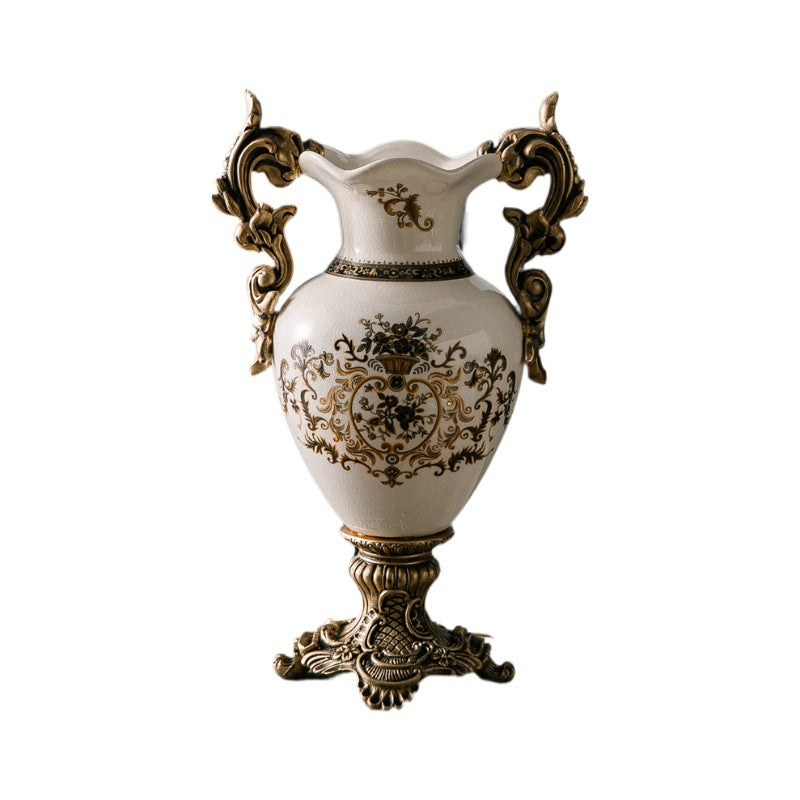 Large double-handle ceramic vase with ivory black medallion motif isolated on white