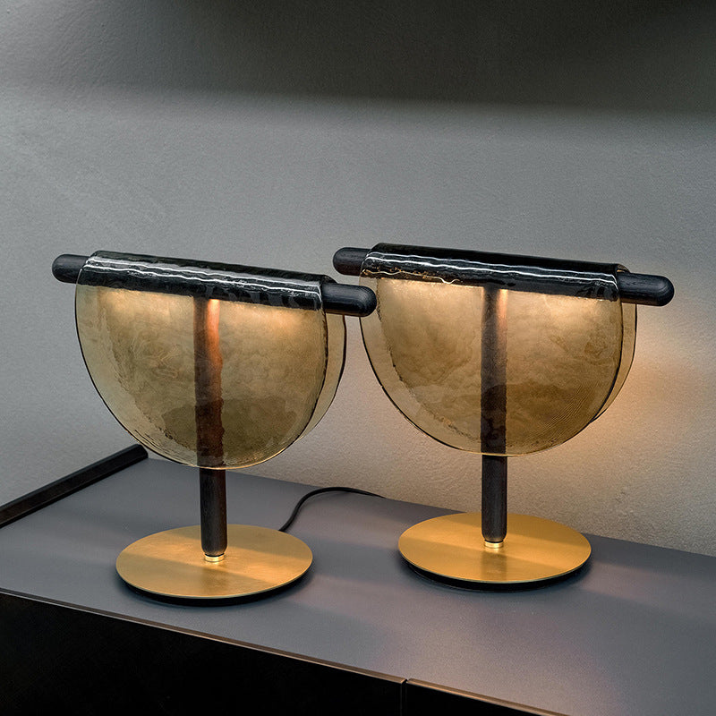Amber handmade glass half moon table lamp close view