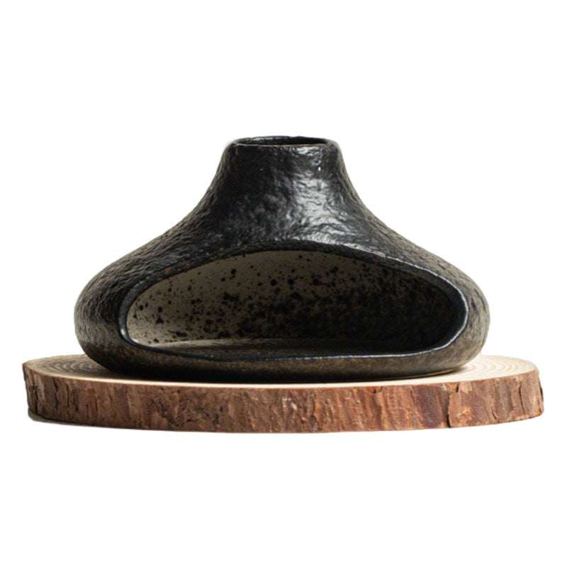 Black low chimney ceramic Palo Santo burner with natural wood base
