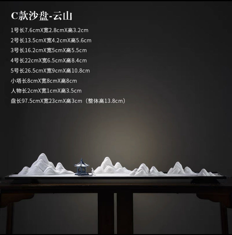 New Chinese Ceramic Mountain Sand-Tray Landscape – Pavilion, Scholar & Snow Peak Zen Tabletop Decor Collection