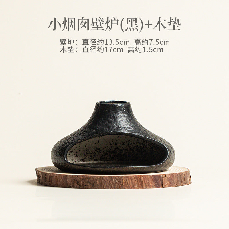 Black low chimney ceramic ritual burner with wood coaster