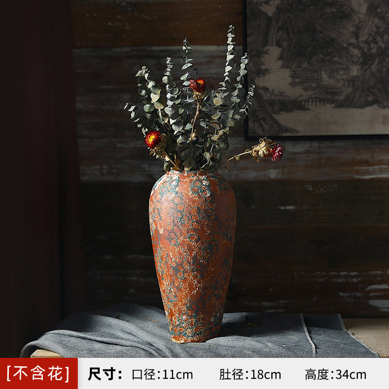Large tall terracotta orange and blue-green patina ceramic vase 34 cm high