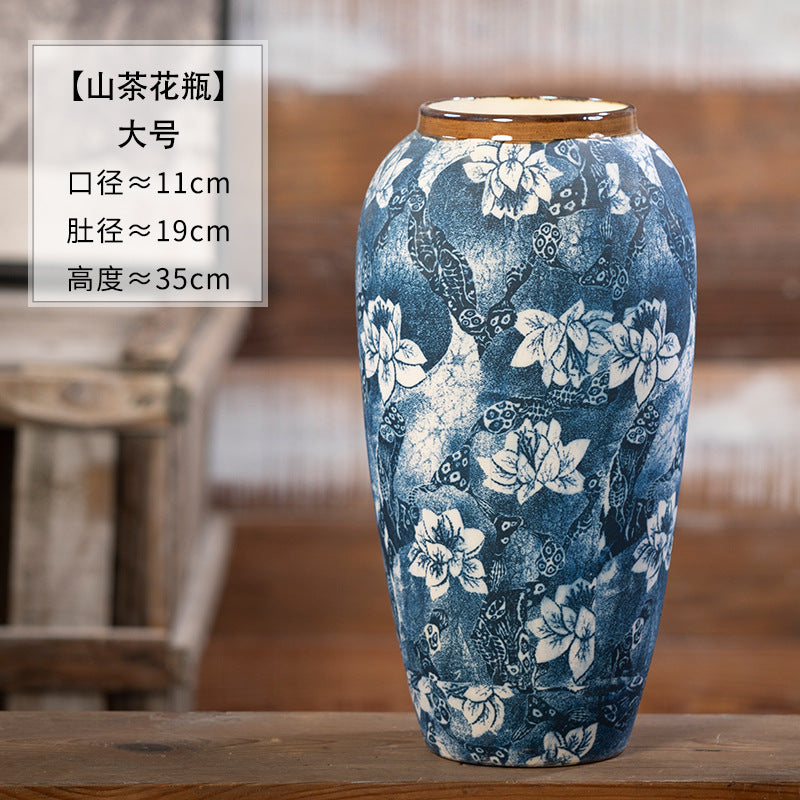 Indigo camellia floral ceramic vase, Large, 35 cm high