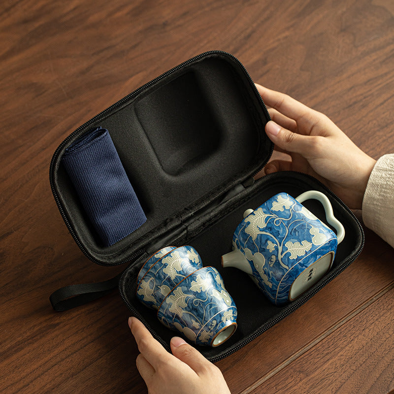 Authentic Jingdezhen Yuan Blue & White Ru Ware Celadon 4-Piece Portable Travel Gongfu Tea Set with Travel Case