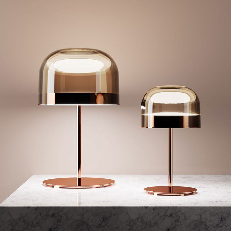 Rose gold and pearl black Equatore style glass table lamps with LED halo band