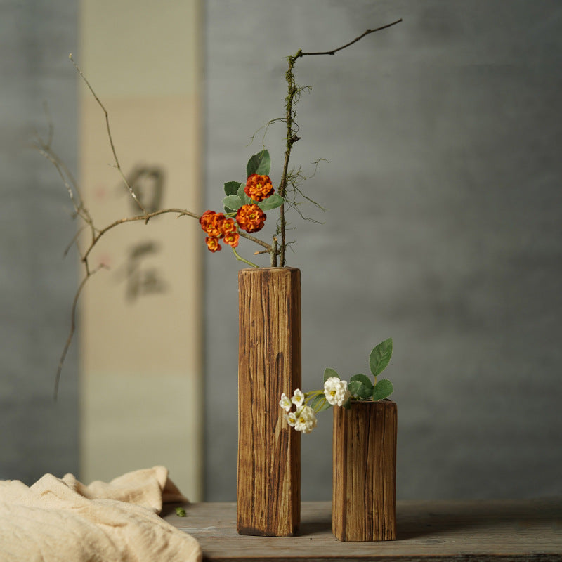 Faux wood grain rectangular ceramic bud vases in two heights with flowers