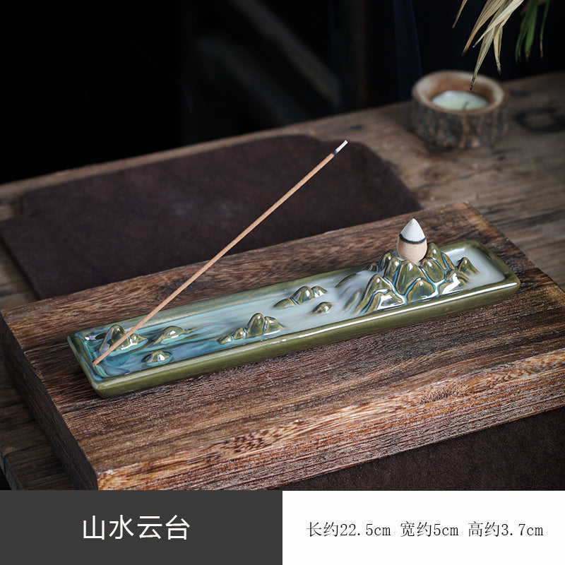Green mountain cloud platform ceramic incense tray approximately 22.5 cm long