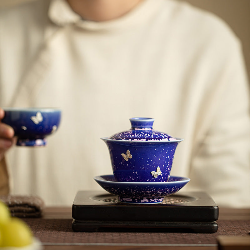 Authentic Jingdezhen Starry Sky Blue Kiln-Transformed Raw Mineral Sancai Gaiwan with Hand-Stapled Pure Ag999 Silver - 160ml