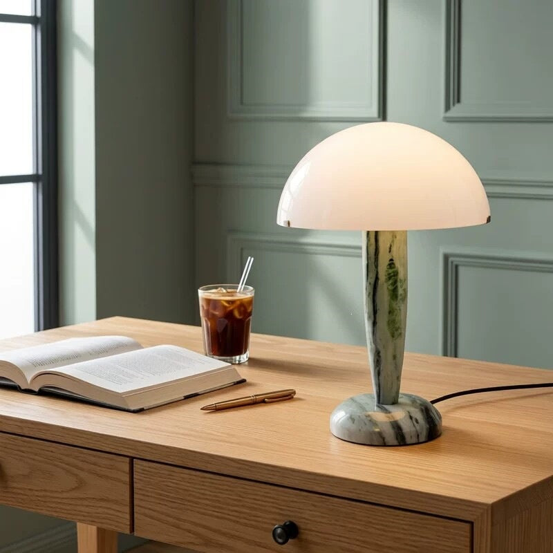 Green jade marble mushroom table lamp on writing desk