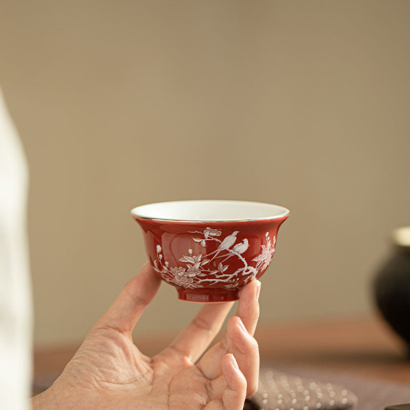 Authentic Jingdezhen Coral Red Raised-White Magpie & Plum Yashou Master Teacup - 90ml Gongfu Teacup