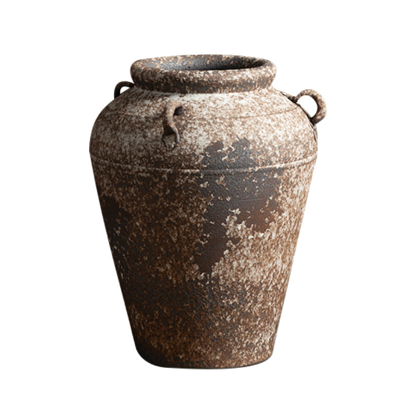 Rustic weathered double-handle ceramic urn isolated product view