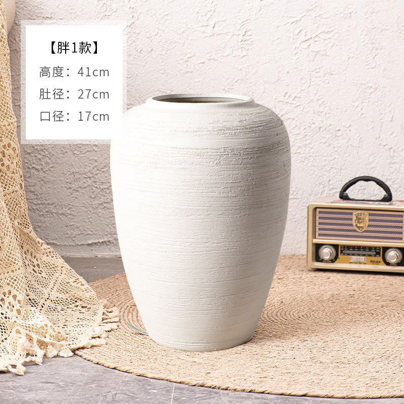 Ivory white wide ribbed ceramic floor vase 41 cm high