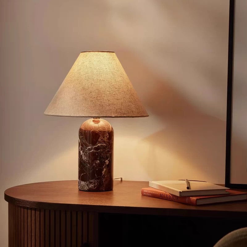 Bulgari purple marble table lamp with natural linen cone shade 30cm by 39cm