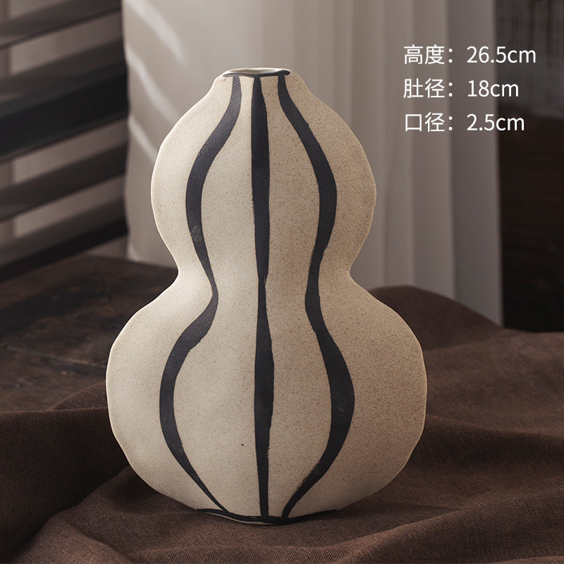 Ivory black-line art gourd ceramic vase with vertical stripes