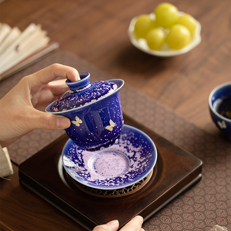 Authentic Jingdezhen Starry Sky Blue Kiln-Transformed Raw Mineral Sancai Gaiwan with Hand-Stapled Pure Ag999 Silver - 160ml