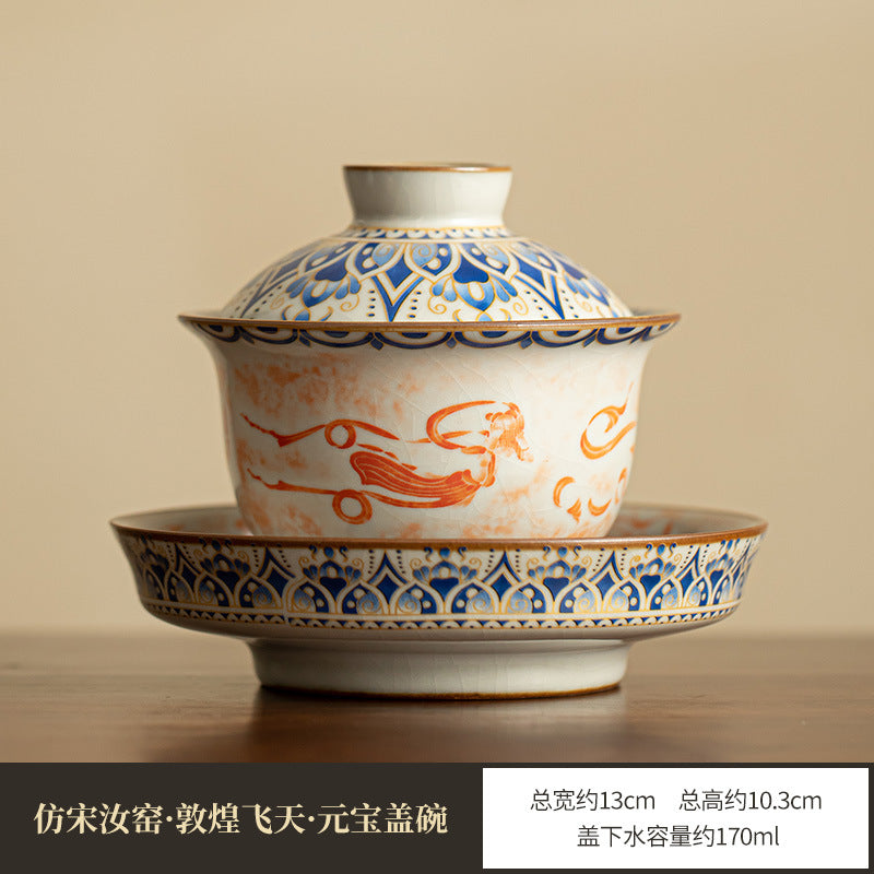Authentic Jingdezhen Handcrafted Dunhuang Flying Apsaras Stone Rubbing Porcelain Horseshoe Sancai Gaiwan & Conical Cup Set - 160ml