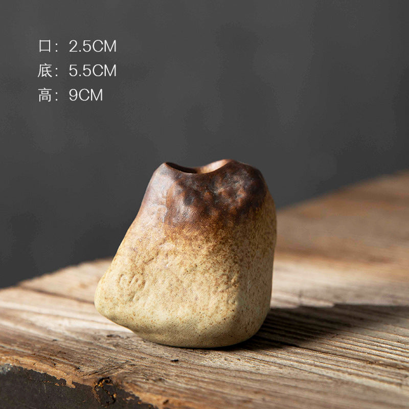 Irregular rim mini brown-to-cream ceramic bud vase 9 cm high