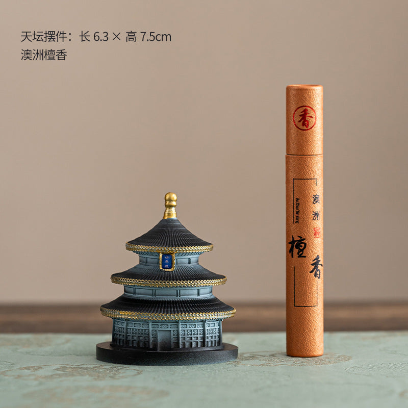 Charcoal black Temple of Heaven ceramic incense holder with sandalwood incense tube