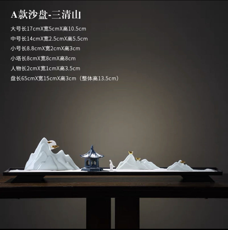New Chinese Ceramic Mountain Sand-Tray Landscape – Pavilion, Scholar & Snow Peak Zen Tabletop Decor Collection