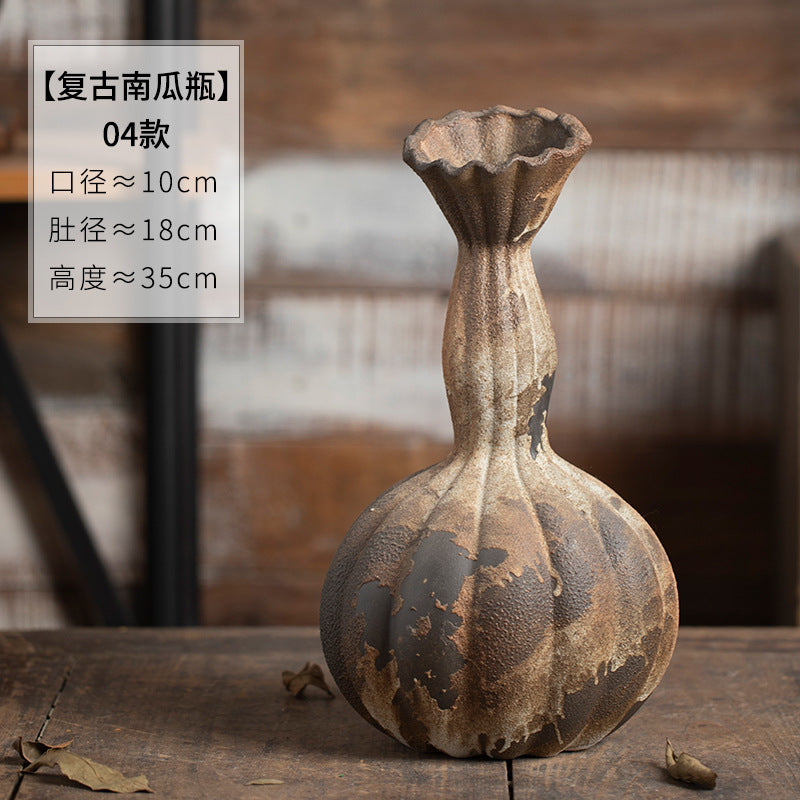 Aged rust brown fluted long-neck ceramic vase 35 cm high