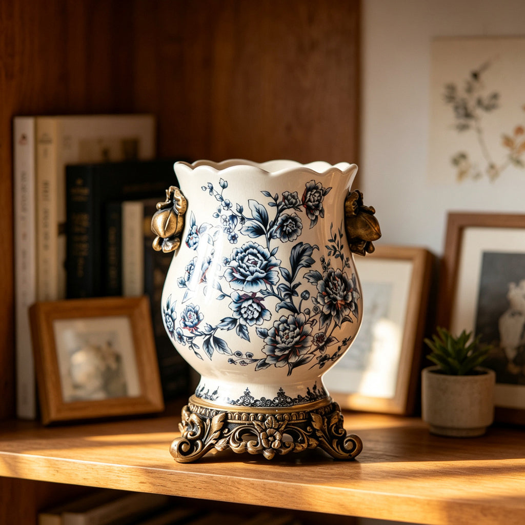 Vintage European ceramic vase with classic blue peony floral pattern and ornate pedestal base