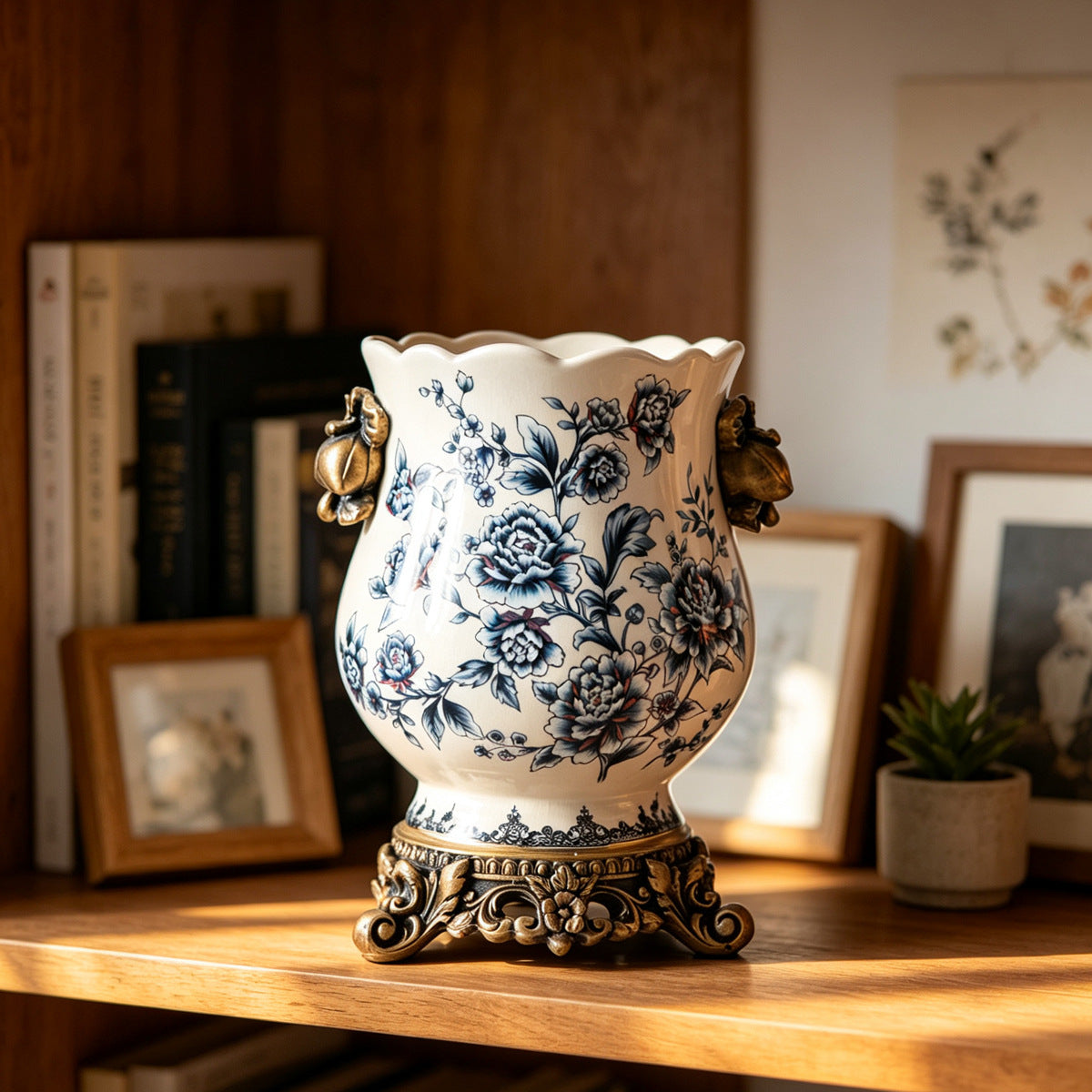Vintage European ceramic vase with classic blue peony floral pattern and ornate pedestal base