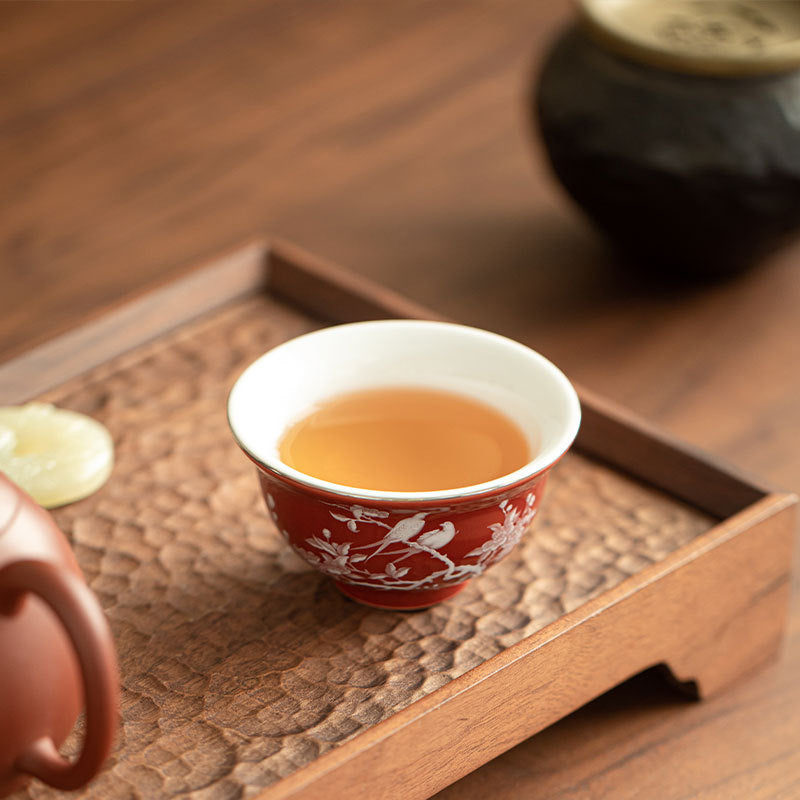 Authentic Jingdezhen Coral Red Raised-White Magpie & Plum Yashou Master Teacup - 90ml Gongfu Teacup