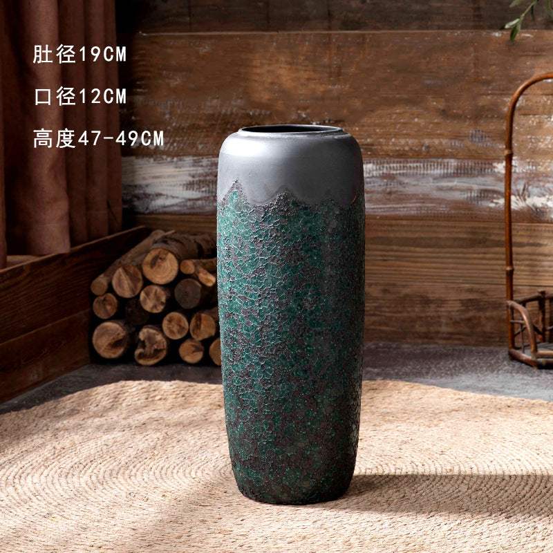 Slim green patina ceramic floor vase 47 to 49 cm high