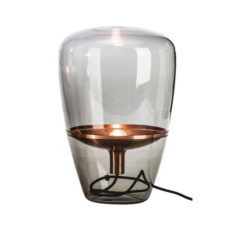 Smoke grey glass table lamp with rose gold accessories front view