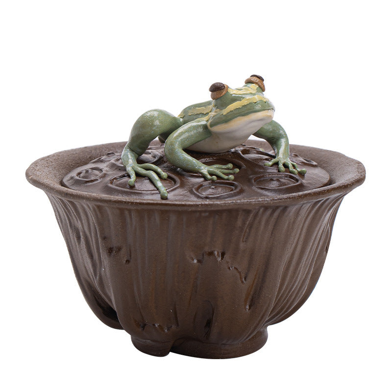 Authentic Jingdezhen Wood-Fired Coarse Stoneware Lotus Pod & Playful Frog Gaiwan - 150ml Handcrafted Chaishao Tea Bowl