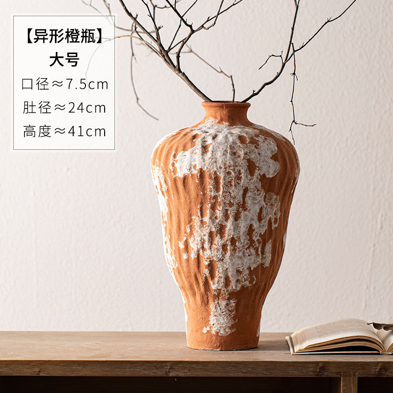 Large terracotta orange and white textured ceramic vase 41 cm high