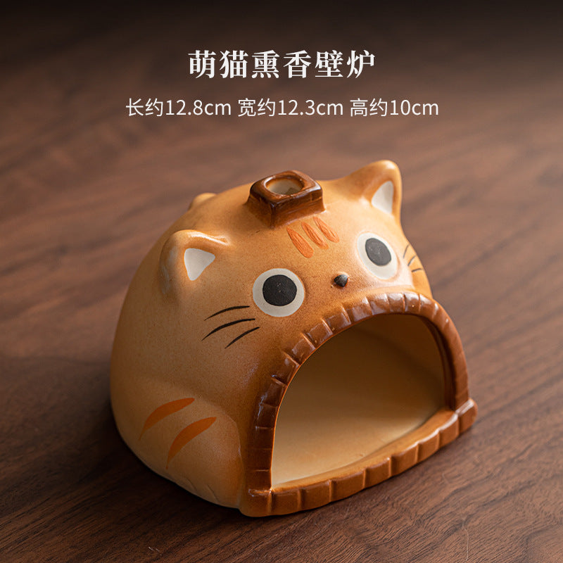 Orange tabby cat ceramic Palo Santo and sage ritual fireplace burner approximately 12.8 cm long