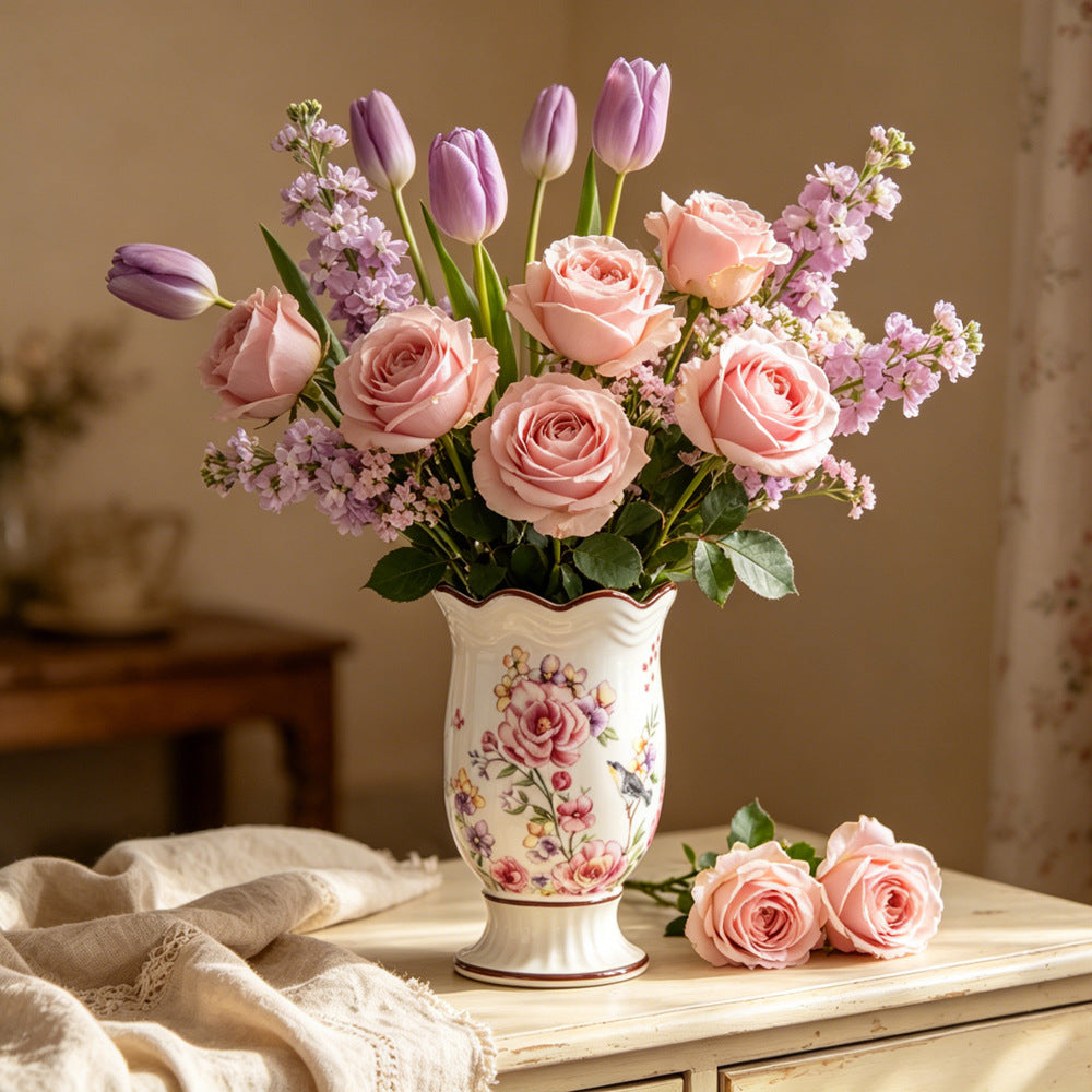 European floral ceramic vase with pink rose pattern styled with fresh flowers