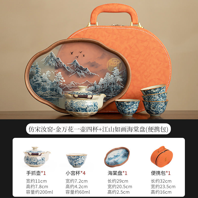 Authentic Dehua Blue & White Wanhua Myriad Flowers Ceramic Travel Tea Set - Portable Camping Gift Box