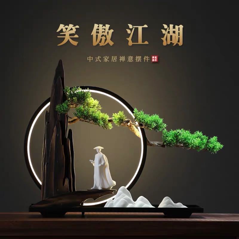 Proud Jianghu welcome pine New Chinese landscape sculpture with circular frame and scholar figure