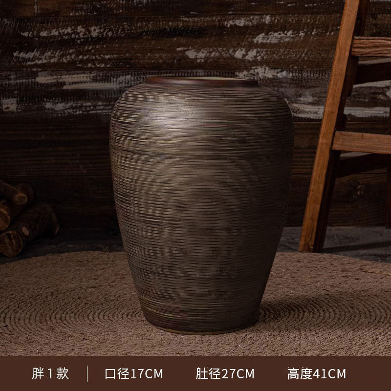 Wide bronze brown ribbed ceramic floor vase 41 cm high