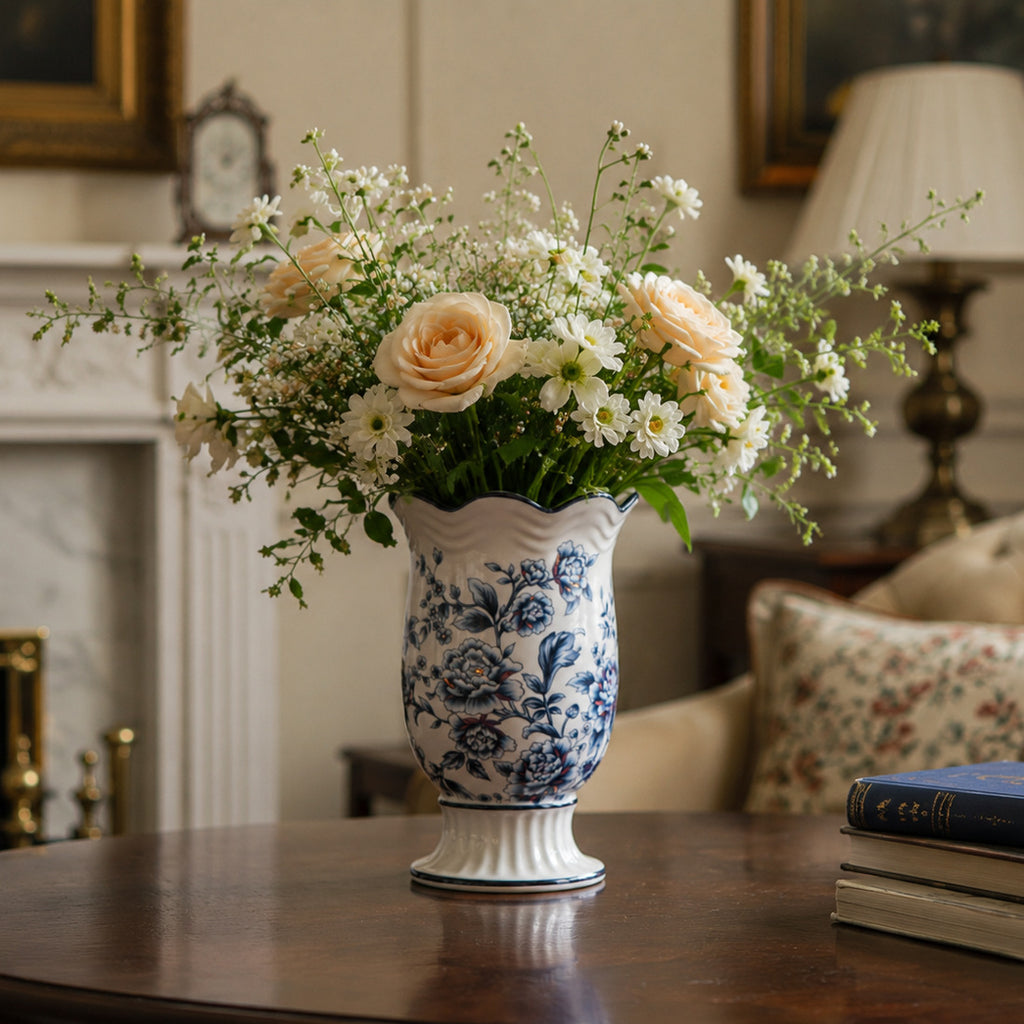 European floral ceramic vase with classic blue peony pattern styled with flowers