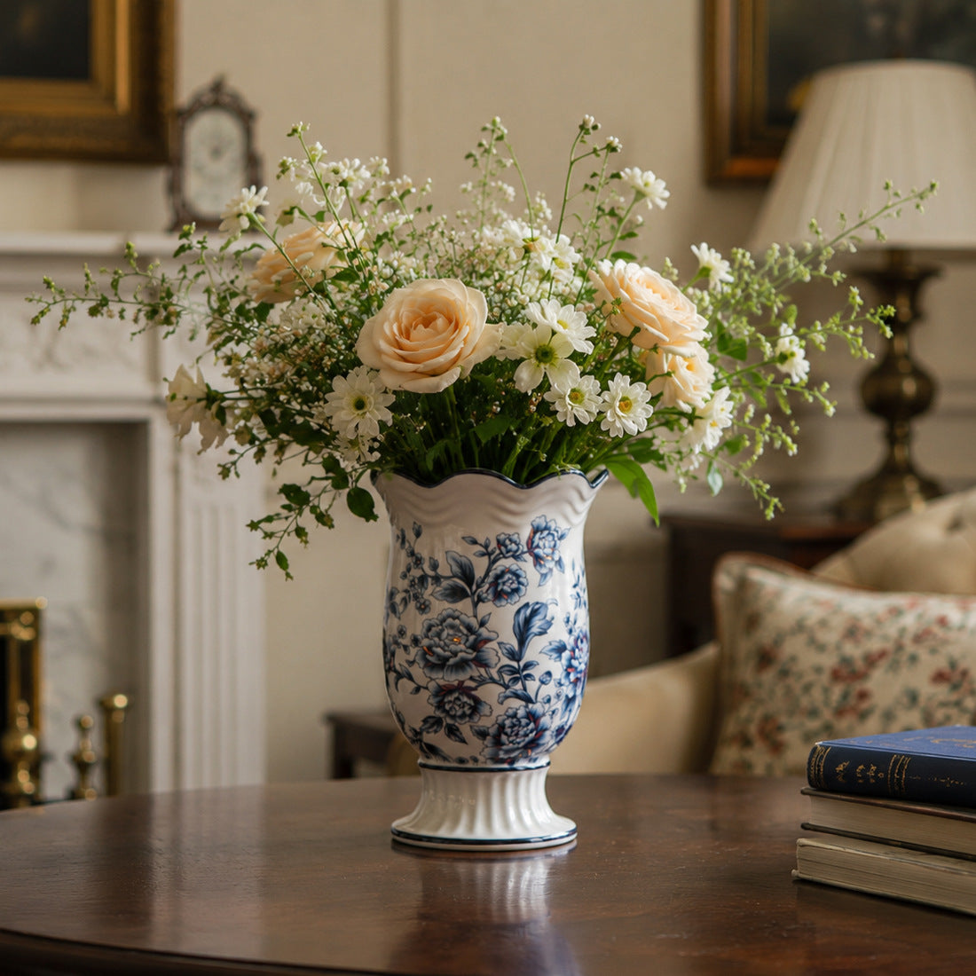 European floral ceramic vase with classic blue peony pattern styled with flowers