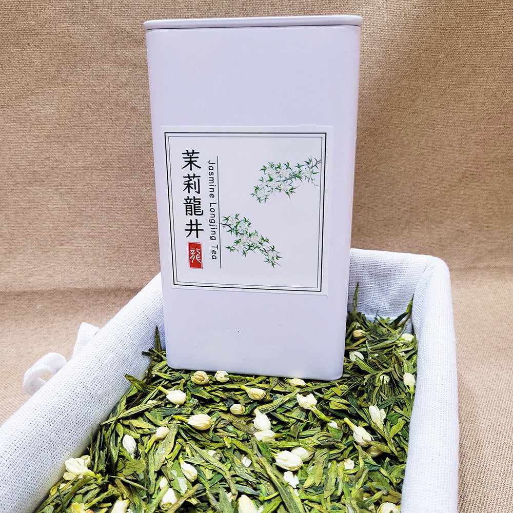 Jasmine Longjing tea gift tin with loose leaf tea