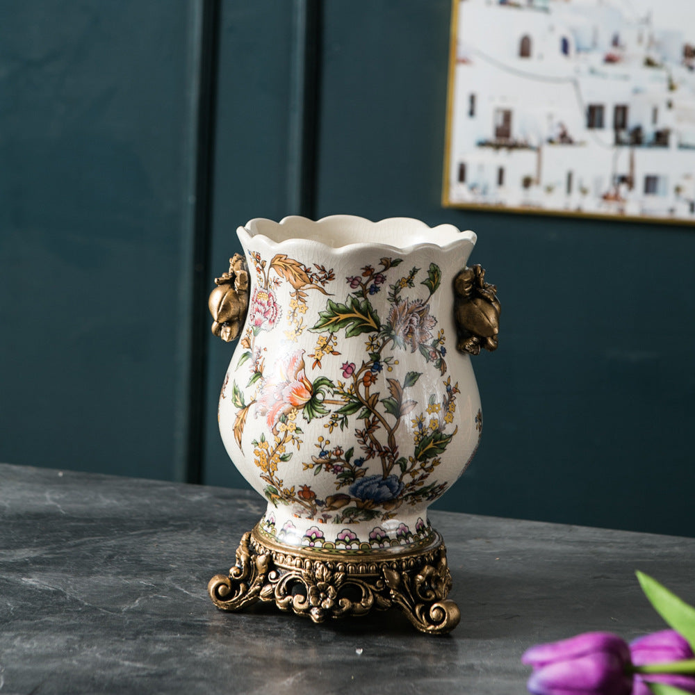Vintage European ceramic vase with colorful bird and floral garden pattern