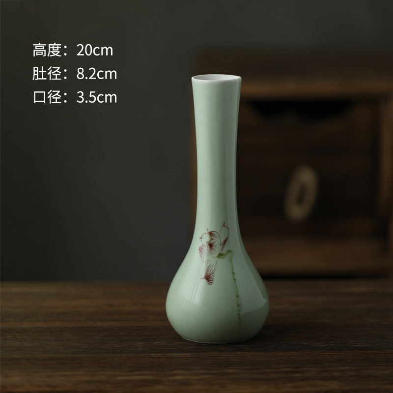 Celadon floral long-neck ceramic bud vase 20 cm high