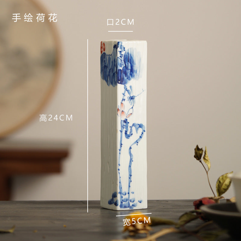 Hand-painted blue white lotus rectangular ceramic bud vase, 24 cm high