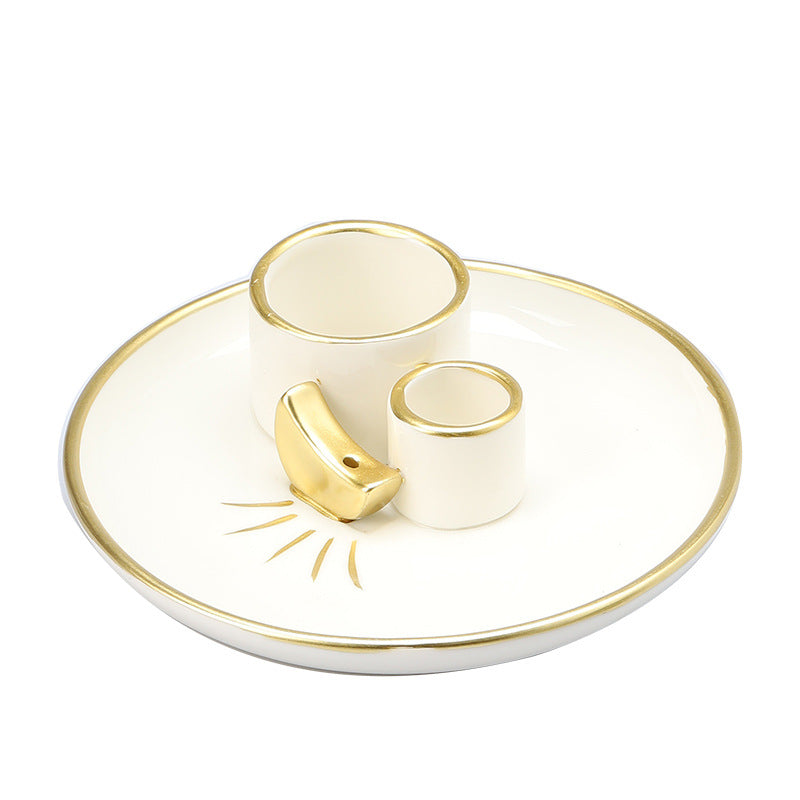 Ivory gold ceramic sacred wood and sage ritual tray with crescent detail