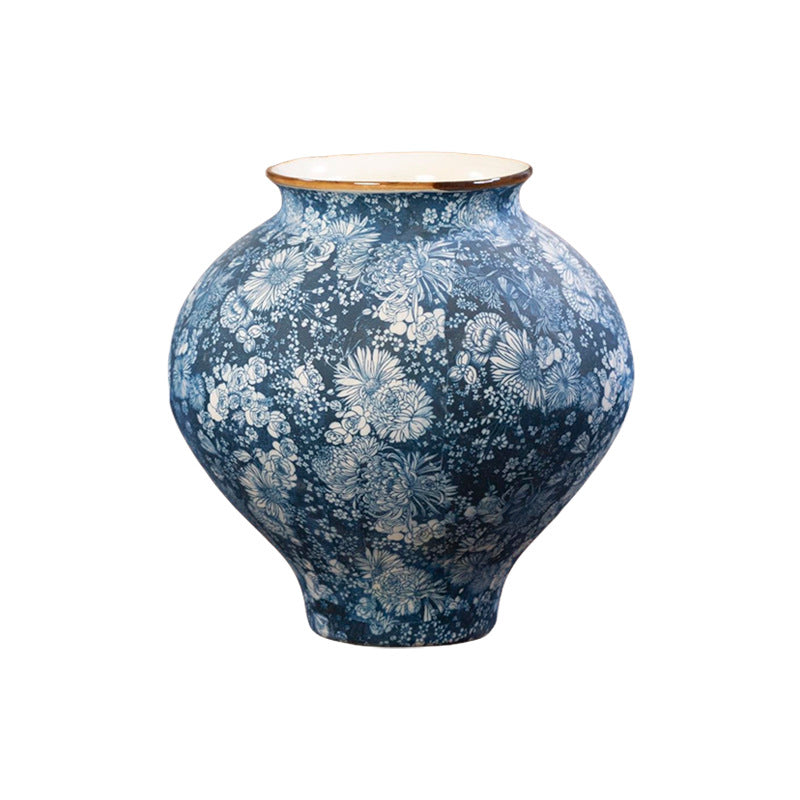 Indigo butterfly-flower wide belly ceramic vase, 30 cm high