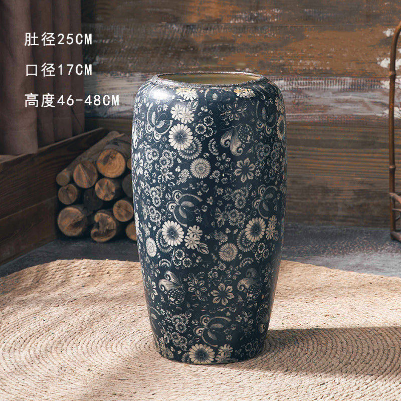 Indigo floral wide floor vase 46 to 48 cm high