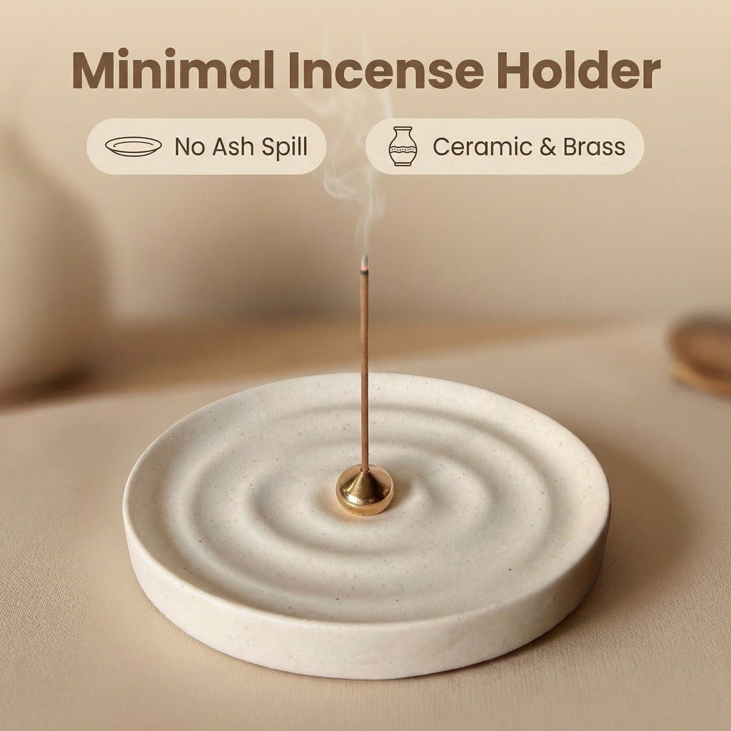 Minimal white ripple ceramic incense holder with brass center and burning incense