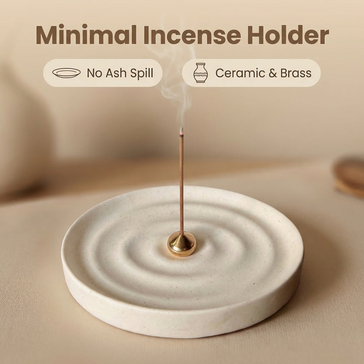 Minimal white ripple ceramic incense holder with brass center and burning incense