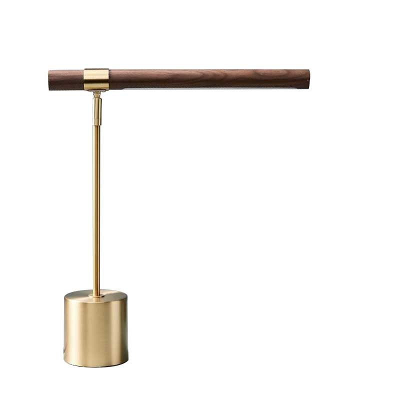 Modern linear LED desk lamp with cylindrical brass base
