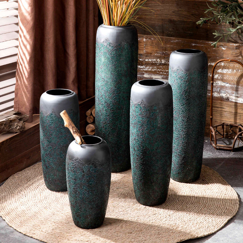 Slim and wide green patina ceramic floor vases in multiple heights