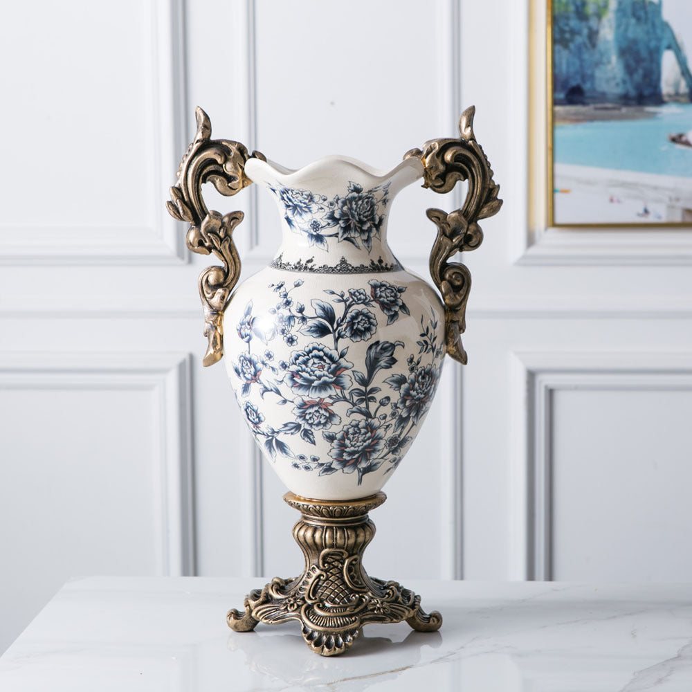Large double-handle ceramic vase with classic blue peony pattern in bright interior